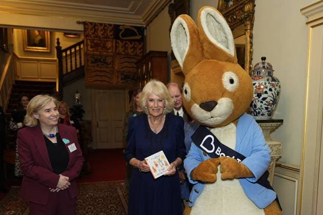 Queen Camilla hosts BookTrust reception Queen Camilla with Diana Gerald and Peter Rabbit during a reception to celebrate the centenary of BookTrust, at Clarence House, London. Picture date: Tuesday October 14, 2025., Credit:Aaron Chown Avalon UK, London  Copyright: xAaronxChownx xAvalonx 1045488055