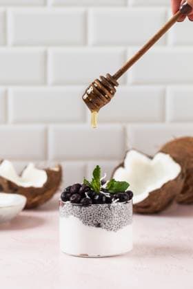 IMAGO Creative, Food, High Protein Frühstück Chia-Pudding mit Kokosnussmilch, Beeren und Honig als gesunde Frühstücksidee Chia pudding with coconut, berries, and honey drizzle. Vegan breakfast (License=RF) Copyright: xZoonar.com ViktoriiaxPopovax 24045673
