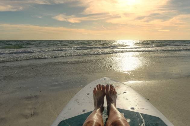 Female feet on paddle board sunset Gulf of Mexico Anna Maria Isl Anna Maria, Florida, United States R_JOKU251013A-1843983-01