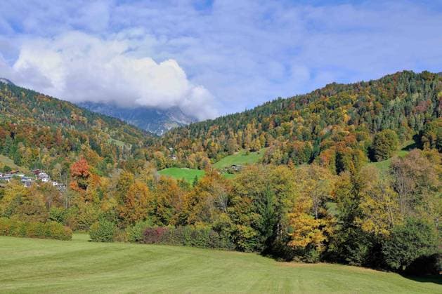 Berchtesgaden, Deutschland 15.10.2025: Im Bild: Blick auf herbstlich gefärbte Wälder und Wiesen bei Berchtesgaden im bayerischen Alpenvorland. Dichte Wolken verdecken die Gipfel der Berchtesgadener Alpen, während im Vordergrund bunte Laubbäume die Landschaft prägen. Symbolbild für Herbst, Natur und Klima in Süddeutschland. Bayern *** Berchtesgaden, Germany 15 10 2025 In the picture View of autumn-colored forests and meadows near Berchtesgaden in the Bavarian Alpine foothills Dense clouds cover the peaks of the Berchtesgaden Alps, while colorful deciduous trees dominate the landscape in the foreground Symbolic image for autumn, nature and climate in southern Germany Bavaria Copyright: xFotostandx xWassmuthx