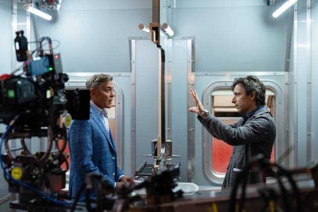 George Clooney and Noah Baumbach USA. George Clooney and Noah Baumbach on the set of (C)Netflix new movie- Jay Kelly (2025). Plot: Famous movie actor Jay Kelly embarks on a journey of self-discovery, confronting his past and present with his devoted manager Ron. Poignant and humor-filled, pitched at the intersection of regrets and glories. LMK106-J11337-091025 Supplied by LMKMEDIA. Editorial Only. Landmark Media is not the copyright owner of these Film or TV stills but provides a service only for recognised Media outlets. 