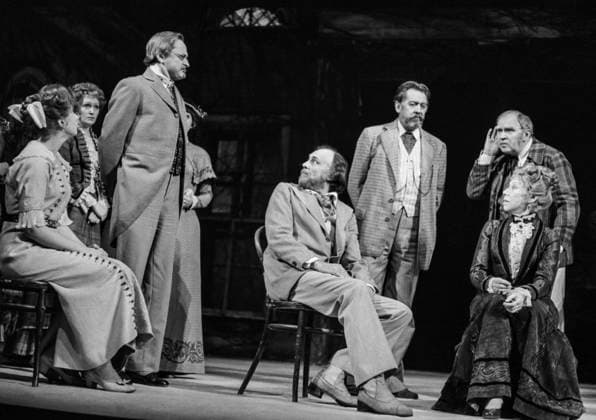 February 1-19, 1979. Moscow, USSR. Soviet actors Yelena Kondratova as Sasha, Innokenty Smoktunovsky as Nikolai Ivanov, Yevgeniya Khanayeva as Zinaida (L-R front), Tamara Mironova as the young lady, Viktor Sergachev as Dmitry Kosykh, Andrei Popov as Pavel Lebedev, and Yury Larionov as Yegorushka (L-R back) perform in Ivanov play, the Gorky Moscow Art Theatre s stage production of Russian writer Anton Chekhov s play of the same name. Sergei Desnitsky as director, David Borovsky-Brodsky as set designer, and Vladimir Nemirovich-Danchenko as music director. The production is staged and directed by Soviet director Oleg Yefremov, with Soviet actor Sergei Desnitsky as director, Soviet artist David Borovsky-Brodsky as set designer, and Soviet direct  16955098