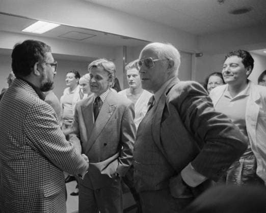 August, 1989. Tokyo, Japan. Artistic director of the Leningrad Regional Drama Theatre of Small Forms Lev Dodin, Russian ballet dancer Mikhail Baryshnikov and Russian conductor, composer Mstislav Rostropovich (L-R) meet during the theatre tour. The exact date of the photograph is unknown. Yuri Belinsky TASS  18383936