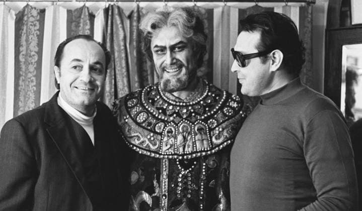 Moscow, USSR. Soviet tenor Alexei Maslennikov, Bulgarian bass Nicola Ghiuselev dressed as Boris Godunov and Soviet tenor Vladimir Atlantov (L-R) have a conversation after Russian composer Modest Mussorgsky s opera Boris Godunov based on the tragedy of the same name by Russian poet Alexander Pushkin and staged by Soviet director Leonid Baratov at the State Academic Bolshoi Theatre of the USSR. Alexander Konkov TASS  19297471