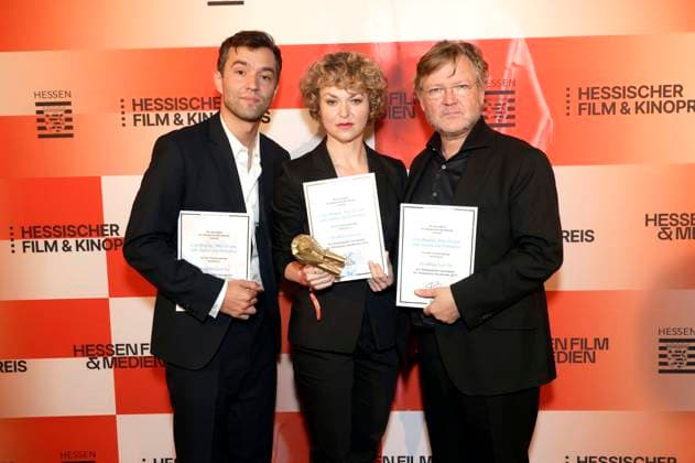 Nils Strunk, Lisa Wagner und Justus von Dohnanyi bei der 36. Verleihung des Hessischen Film- und Kinopreises 2025 in der Alten Oper. Frankfurt am Main, 17.10.2025