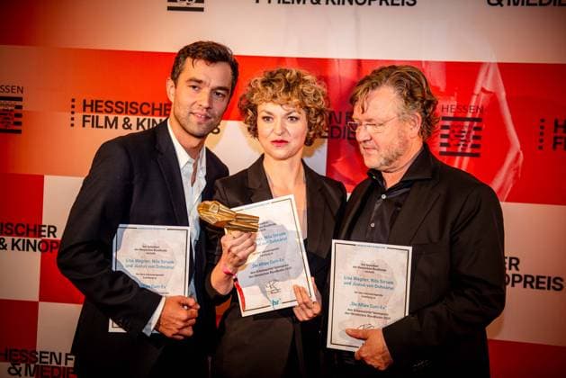 17.20.2025 xesx Frankfurt am Main, Alte Oper Hessische Film- und Kinopreis 2025 Die besten Schauspieler von links Nils Strunk, Lisa Wagner und Justus von Dohnanyi