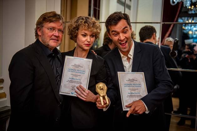 17.20.2025 xesx Frankfurt am Main, Alte Oper Hessische Film- und Kinopreis 2025 Die besten Schauspieler von links Justus von Dohnanyi, Lisa Wagner und Nils Strunk,