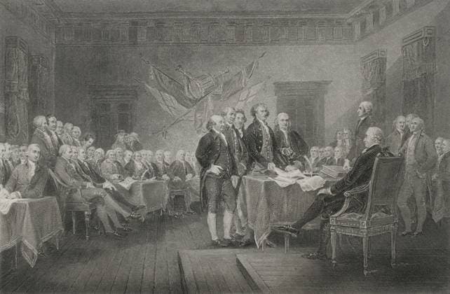 United States Declaration of Independence. Document drafted by the Second Continental Congress in the Pennsylvania State House in Philadelphia on 4 July 1776. Signing of the Declaration of Independence. Engraving by William Greatbach after John Trumbull. United States Declaration of Independence. Document drafted by the Second Continental Congress (1775-1781) in the Pennsylvania State House in Philadelphia on 4 July 1776. It proclaimed the Thirteen Colonies, then at war with Great Britain, as thirteen new sovereign and independent states, no longer subject to British colonial rule. In its place, they founded the United States as a new nation. Signing of the Declaration of Independence. Depicted in the foreground: John Hancock, Massachusetts  Copyright: xKenaxImagesx 353-45422