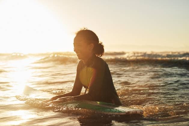 Surfer, woman and swimming in ocean with wetsuit for summer adventure, sunset and fun activity in water. Girl, surfing sport and floating in waves with board for vacation travel, exercise and peace Surfer, woman and swimming in ocean with wetsuit for summer adventure, sunset and fun activity in water. Girl, surfing sport and floating in waves with board for vacation travel, exercise and peace., model released, , 60609452.jpg RECORD DATE NOT STATED