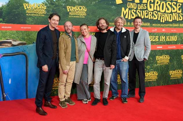Martin Bachmann, Florian Brückner, Nina Eichinger, Maximilian Schafroth, Marcus H. Rosenmüller und Oliver Berben bei der Premiere des Kinofilms Pumuckl und das große Missverständnis im Mathäser Filmpalast. München, 19.10.2025