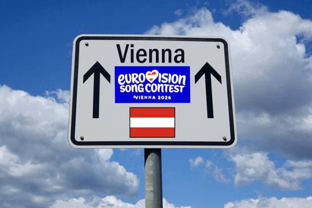 Wegweiser mit Schriftzug Vienna und ESC-Logo mit österreichischer Fahne Fotomontage: Wegweiser mit ESC-Logo und österreichischer Fahne, 21.10.2025, Auf einem Wegweiser befinden sich das ESC-Logo und eine österreichische Fahne. *** Signpost with Vienna lettering and ESC logo with Austrian flag Photomontage Signpost with ESC logo and Austrian flag, 21 10 2025, One signpost features the ESC logo and an Austrian flag