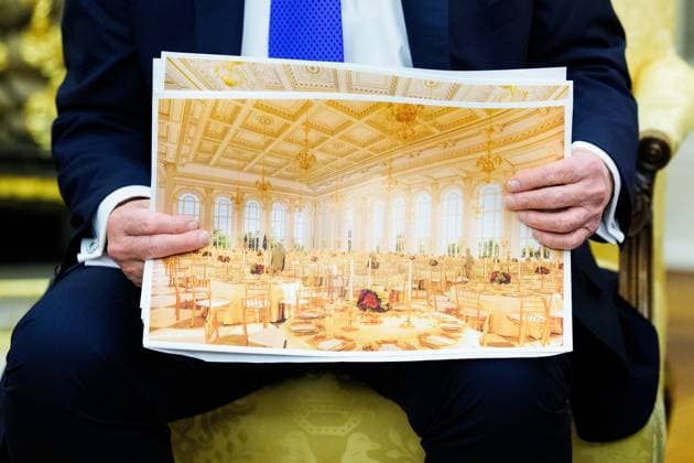 Trump Meets Rutte of NATO in the Oval Office United States President Donald J Trump holds a mockup of the White House ballroom, as he meets Mark Rutte, Secretary General of the North Atlantic Treaty Organization (NATO) in the Oval Office of the White House in Washington, DC, USA, on Wednesday, October 22, 2025. The leaders are meeting to discuss continuing support for Ukraine. Credit: Aaron Schwartz Pool via CNP Washington District of Columbia United States  Copyright: xPool ABACAx