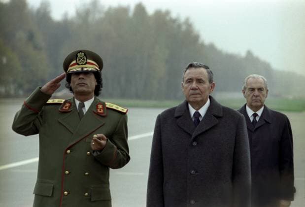 Muammar Gaddafi visits USSR 9030787 10.10.1985 The official visit by Leader of the Socialist People s Libyan Arab Jamahiriya Muammar Gaddafi to the USSR, October 10-14, 1985. Member of the Politburo of the CPSU Central Committee and Chairman of the Presidium of the Supreme Soviet of the USSR Andrei Gromyko, 2nd from right, and Muammar Gaddafi, left, at Vnukovo Airport (now Tupolev Vnukovo Airport). Vyacheslav Sputnik Moscow Russia  Copyright: xVyacheslavx