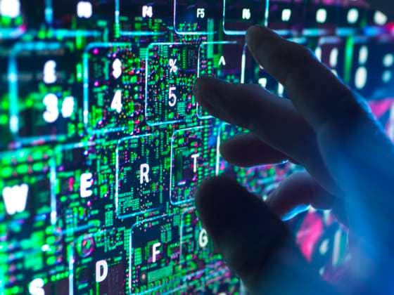 Hand typing on futuristic AI keyboard with cybersecurity concept model released, Symbolfoto property released, ABRF01338