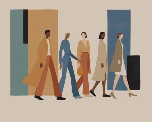 Minimalist illustration of diverse group in fashion walking property released, SINF00183