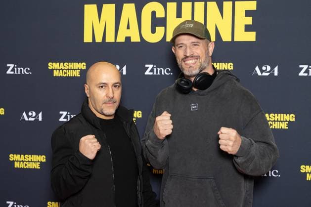 Smashing Machine Paris Film Premiere Guest and Gregory Bouchelaghem attends Smashing Machine Paris Film Premiere at Pathe BNP Paribas on October 23, 2025 in Paris, France. Photo by Nasser Berzane ABACAPRESS.COM Paris France  Copyright: xBerzanexNasser ABACAx
