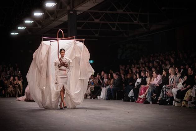 MELBOURNE FASHION WEEK 2025, Model Wearing design by Caroline Caroline during Melbourne Fashion Week at Younghusband, Melbourne, Friday, October 24, 2025. ( NO ARCHIVING MELBOURNE VICTORIA AUSTRALIA  Copyright: xNADIRxKINANIx 20251024172396043746
