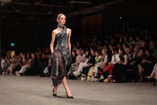 MELBOURNE FASHION WEEK 2025, Model Wearing design by Gracie Macleod during Melbourne Fashion Week at Younghusband, Melbourne, Friday, October 24, 2025. ( NO ARCHIVING MELBOURNE VICTORIA AUSTRALIA  Copyright: xNADIRxKINANIx 20251024182531603750