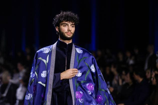 ARMENIA, YEREVAN - OCTOBER 24, 2025: A man models creations during a runway show for ZhSaken x Akmaral, a Kazakh fashion brand collaboration, as part of Yerevan Fashion Week 2025 at the Meridian Expo and Event Centre Yerevan Armenia  - ZUMAt113 20251024_zaa_t113_333 Copyright: xAlexanderxPatrinx