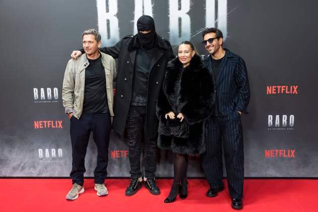Babo, Premiere in der Astor Film Lounge, Berlin, 24.10.2025 Paco-Luca Nitsche, Aykut Anhan aka Haftbefehl, Nina Anhan und Elyas M Barek bei der Premiere des Netflix Films Babo in der Astor Film Lounge Berlin am 24.10.2025. Berlin Astor Film Lounge Copyright: xBenxKriemannx