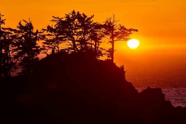 Sunset Silhouette of Trees Overlooking Rugged Coastline at Golden Hour Golden hour at Arch Rock in Brookings, Oregon. The sun sets over the Pacific, casting a fiery glow and illuminating the silhouettes of resilient trees atop the rugged cliff. A serene coastal masterpiece., 60684692.jpg RECORD DATE NOT STATED
