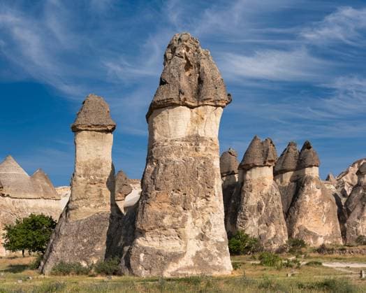 Pilzförmige Feenkamine im Pasabag-Tal, Kappadokien, Türkei, ein UNESCO-Weltkulturerbe Pasabag Valley, Cappadocia, Turkey. Unique fairy chimney rock formations under a bright blue sky with cirrus clouds. Natural landscape (License=RF) Copyright: xZoonar.com HalitxSadikx 24090822