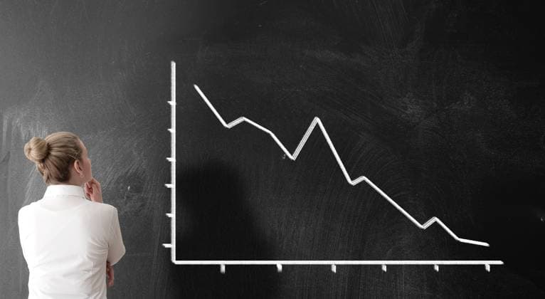 rückansicht der geschäftsfrau mit negativem diagramm mit sinkenden preisen rear view of businesswoman looking at chart with sloping curve, dropping prices business risk concept (License=RF) ,model released, Symbolfoto Copyright: xZoonar.com CH.xHORZx 15982770 ,model released, Symbolfoto ,property released