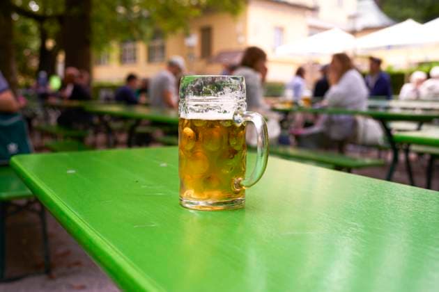 Glass of beer on a green table in an outdoor beer garden setting. Munich, Germany bola09542 Copyright: xConnectxImagesx