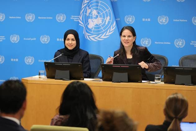 October 29, 2025, New York, Ny, USA: UNITED NATIONS, NEW YORK OCTOBER 29, 2025: Alya Ahmed Saif Al-Thani, Permanent Representative of the State of Qatar to the United Nations, briefs reporters on the upcoming Second World Summit on Social Development, to be held from November 4 6 in Doha, Qatar. Seated beside her is Annalena Baerbock, President of the 80th session of the UN General Assembly. The press conference, moderated by Martin Samaan of the Department of Global Communications, outlined key priorities focused on inclusive growth, poverty reduction, and sustainable development. New York USA - ZUMAra1_ 20251029_aap_ra1_030 Copyright: xGiadaxPapinixRampelotto Europanex