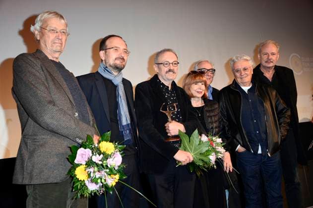 Gerhard Polt, Radek Wegrzyn, Josef Hader, Ursela Monn, Peter Timm, Henry Hübchen und Leander Haußmann bei der 67. Verleihung vom Ernst-Lubitsch-Preis 2025 im Kino Babylon. Berlin, 29.10.2025