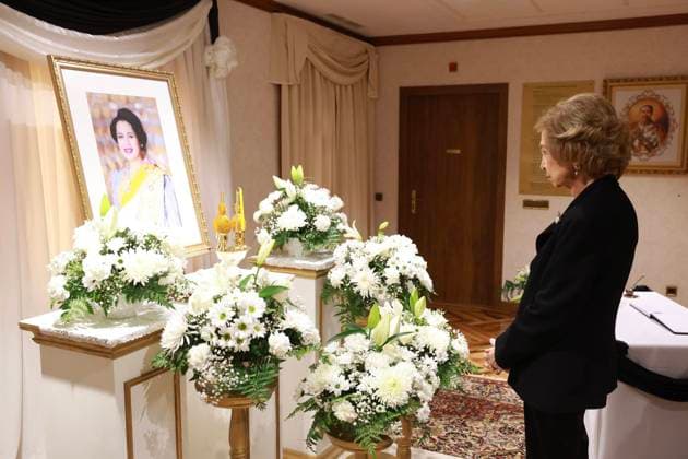 Spanish Emeritus Queen Sofia of Greece during book of condolence event to Tailandia Queen Sirikit in Madrid on Thursday, 30 October 2025. Cordon Press  CasaxdexS.M.xElxReyx xJosexJimenez