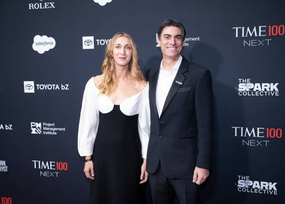 Brandon Sorbom (R) arrives on the red carpet for the 2025 TIME100 Next at Current at Chelsea Piers Pier 59 on Thursday, October 30, 2025 in New York City.  NYP20251030502 SERENAxXUxNING