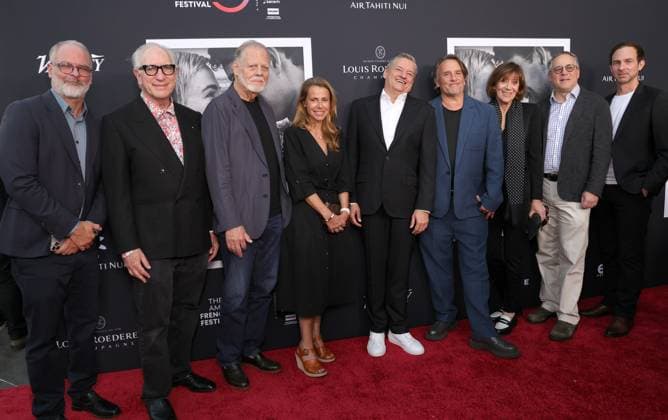 30 October 2025 - Los Angeles, California - Louis Hallonet, Howard A. Rodman, Dante Harper, Richard Linklater, Taylor Hackford, CÅ½cile Rap-Veber, Ted Sarandos, Russell Hollander, MichÂle PÅ½tin. The French American Film Festival Screening of Netflix s Nouvelle Vague held at the DGA Theater Complex. Los Angeles USA - ZUMAa123 20251030_zaa_a123_167 Copyright: xADx