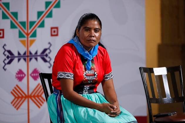 Raramuri runner Maria Lorena Ramirez Nahueachi looks on during a press conference on the Mexico Imparable Half Marathon at the National Palace. on October 31, 2025, in Mexico City, Mexico. Mexico City Mexico - ZUMAe321 20251031_zia_e321_006 Copyright: xLuisxBarronx