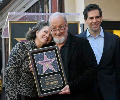 American actor and director Robert Englund (C), who is best known for his portrayal of the villainous Freddie Krueger is joined by actors Heather Langenkamp (L) and Eli Roth during an unveiling ceremony honoring him with the 2, 826th star on the Hollywood Walk of Fame in Los Angeles on Friday, October 31, 2025.  LAP2025103130 JIMxRUYMEN