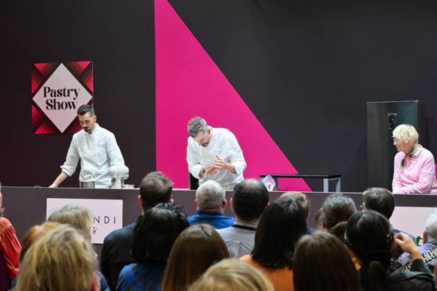 Salon Du Chocolat - Chefs from Le Bristol Chefs from Le Bristol : Johan Giacchetti Chef Chocolat maker (L) and Maxence Barbot (R) Pastry Chef for VoilaChef during the Pastry Show with Mercotte, of the 30rd Salon Du Chocolat Et De La Patisserie - Chocolate Fair held at Parc des Expositions Porte de Versailles on October 31, 2025 in Paris, France.Photo by Jana Call me J ABACAPRESS.COM Paris Ile de France France  Copyright: xJanaxCallxmexJ ABACAx