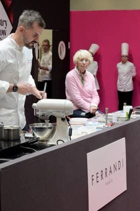 Salon Du Chocolat - Chefs from Le Bristol Maxence Barbot, Pastry Chef of Le Bristol Paris and Mercotte (Jacqueline Mercorelli) (R) during the Pastry Show of the 30rd Salon Du Chocolat Et De La Patisserie - Chocolate Fair held at Parc des Expositions Porte de Versailles on October 31, 2025 in Paris, France.Photo by Jana Call me J ABACAPRESS.COM Paris Ile de France France  Copyright: xJanaxCallxmexJ ABACAx