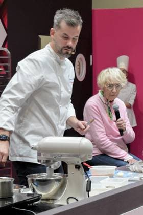 Salon Du Chocolat - Chefs from Le Bristol Maxence Barbot, Pastry Chef of Le Bristol Paris and Mercotte (Jacqueline Mercorelli) (R) during the Pastry Show of the 30rd Salon Du Chocolat Et De La Patisserie - Chocolate Fair held at Parc des Expositions Porte de Versailles on October 31, 2025 in Paris, France.Photo by Jana Call me J ABACAPRESS.COM Paris Ile de France France  Copyright: xJanaxCallxmexJ ABACAx