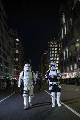 October 31, 2025, New York, New York, USA: Two people dressed as Star Wars Storm Troopers pose for the camera during the Village Halloween Parade, which takes place annually in New York City, beginning at Canal Street and proceeding up Sixth Avenue to 16th Street. According to the paradeÃ¢â‚¬â ¢s official website, this yearÃ¢â‚¬â ¢s event featured an estimated 50,000 participants and drew more than one million spectators. New York USA - ZUMAo116 20251031_znp_o116_067 Copyright: xBiancaxOterox
