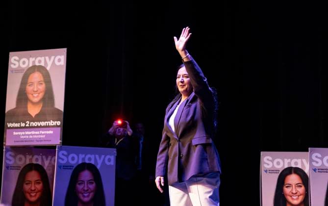 November 3, 2025, Montreal, Pq, CANADA: Soraya Martinez Ferrada waves to supporters after being elected mayor of Montreal during the municipal election in Montreal on Monday, Nov. 3, 2025. Montreal CANADA  - ZUMAc35_ 20251103_zaf_c35_004 Copyright: xChristinnexMuschix