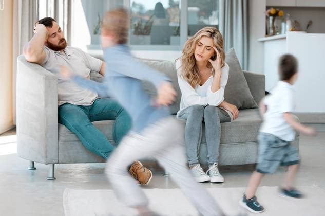 Headache, parents and children by sofa with adhd, running and impulsive behavior with motion blur at home. Family, mother and father on couch for annoyed, stress and hyper active of kids in house Headache, parents and children by sofa with adhd, running and impulsive behavior with motion blur at home. Family, mother and father on couch for annoyed, stress and hyper active of kids in house., model released, , property released, , 61050608.jpg RECORD DATE NOT STATED