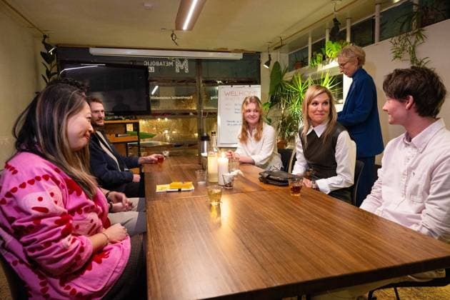 Amsterdam, The Netherlands, 2025-11-03 19:49:09 AMSTERDAM, 03-11-2025, The Offline Club. Queen Maxima during a visit to The Offline Club in Amsterdam. The Offline Club is a social enterprise focused on fostering genuine, personal connections in a time when screens and digital distractions are playing an increasingly important role. PHOTO: NLBeeld Patrick van Emst Credit: NL Beeld Patrick van Emst  Copyright: xx x