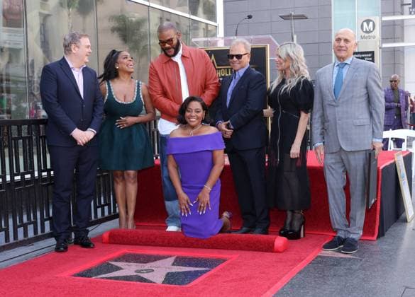 Niecy Nash, Tyler Perry, Sherri Shepherd, Ellen K, and Steve Nissen attend an unveiling ceremony honoring Sherri Shepherd with the 2,827th star on the Hollywood Walk of Fame in Los Angeles on Monday, November 3, 2025.  LAP20251103887 GREGxGRUDT