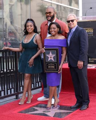Niecy Nash, Tyler Perry, Sherri Shepherd and Ira Bernstein attend an unveiling ceremony honoring Sherri Shepherd with the 2,827th star on the Hollywood Walk of Fame in Los Angeles on Monday, November 3, 2025.  LAP20251103892 GREGxGRUDT
