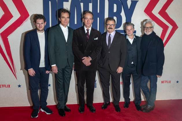 Netflix s Death by Lightning Limited Series Premiere, New York, USA - 03 Nov 2025 (L-R) Mike Makowsky, Michael Shannon, Matthew Macfadyen, Nick Offerman, Shea Whigham and Bradley Whitford attend Netflix s Death By Lightning New York Premiere at The Plaza Hotel New York United States Copyright: xRonxAdarx xSOPAxImagesx _radar_deathbylightning_20251103_01805