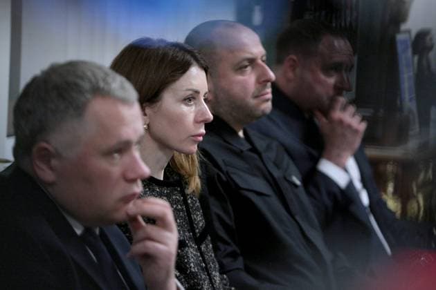 Deputy Head of the Office of the President of Ukraine Ihor Zhovkva, Minister of Energy of Ukraine Svitlana Grynchuk, Secretary of the National Security and Defense Council of Ukraine Rustem Umerov and Head of the Office of the President of Ukraine Andriy Yermak (L to R) participate in a news conference of Ukrainian President Volodymyr Zelenskyy at the Office of the President, Kyiv, Ukraine, November 3, 2025. (Photo by Hennadii Minchenko Ukrinform) News conference of Ukrainian President Volodymyr Zelenskyy in Kyiv  Copyright: xHennadiixMinchenkox