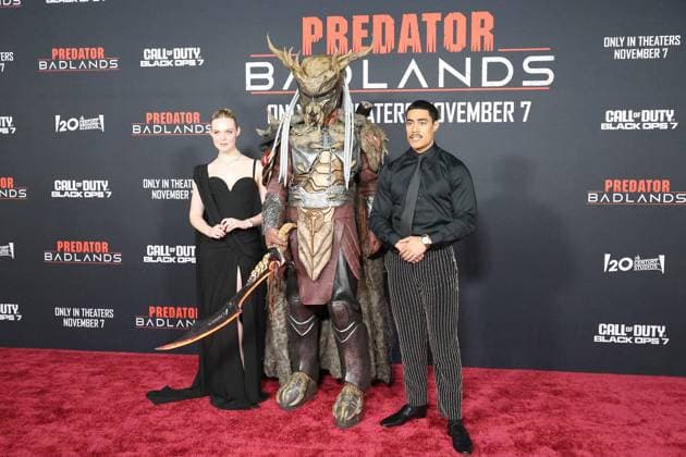 November 3, 2025, Los Angeles, California, USA: Elle Fanning, Dimitrius Schuster-Koloamatangi at the World Premiere of 20th Century Studios Predator: Badlands at the TCL Chinese Theatre IMAX Los Angeles USA - ZUMAg107 20251103_zep_g107_046 Copyright: xNinaxPrommerx