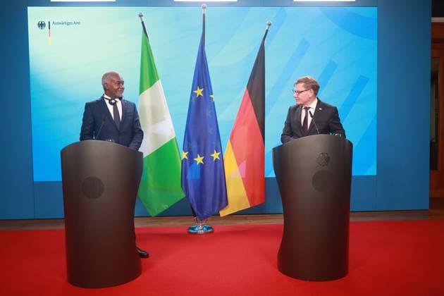 Wadephul Welcomes Nigerian Foreign Minister Foreign Minister Johann Wadephul and Nigerian Foreign Minister Yusuf Tuggar speak to media representatives at a press conference following the meeting of the German-Nigerian Binational Commission in Berlin, Germany, on November 4, at the Federal Foreign Office.  Copyright: xChristianxMarquardtx originalFilename: marquardt-wadephul251104_npIYW.jpg