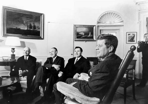 U.S. President John F. Kennedy (right) meeting with Minister of Foreign Affairs of the Soviet Union Andrei Gromyko (seated to the left of Kennedy), Deputy Minister of Foreign Affairs of the Soviet Union, Vladimir S. Semenov (seated far left) and Soviet Ambassador to the U.S., Anatoliy Fedorovich Dobrynin, (seated 2nd left), Oval Office, White House, Washington, D.C., USA, Cecil Stoughton, White House Photographs, October 18, 1962  Copyright: xCircaxImagesx ghi-circa13774