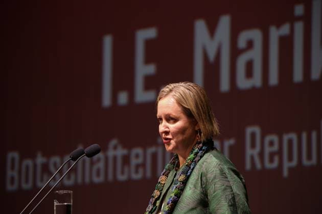 November 4, 2025, Cottbus, Brandenburg, Germany: Ambassador of Estonia, MARIKA LINNTAM (C), speaks during the opening ceremony of the 35th FilmFestival Cottbus (FFC) at the Staatstheater Cottbus, one of the leading events dedicated to Eastern European cinema. The 2025 edition runs from November 4 to 9, presenting around 140 films from more than 40 countries. Held in Cottbus, a bilingual German-Sorbian city near the Polish border, the festival brings together filmmakers, industry representatives, and audiences to celebrate cultural diversity and promote Central and Eastern European cinema. Cottbus Germany - ZUMAf146 20251104_zip_f146_010 Copyright: xRouzbehxFouladix